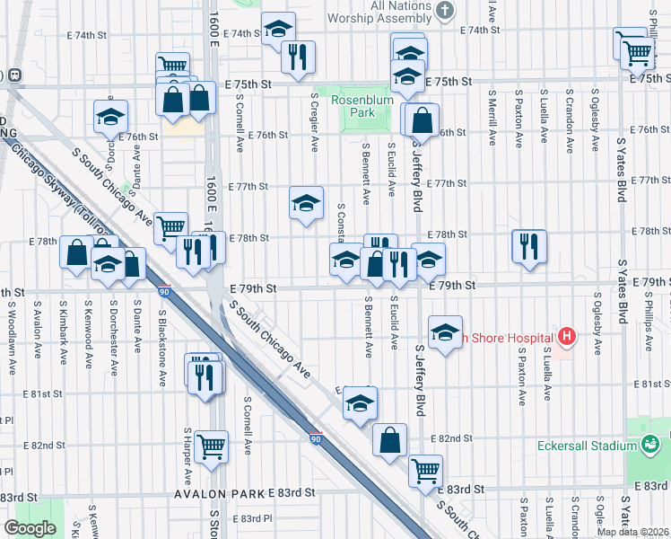 map of restaurants, bars, coffee shops, grocery stores, and more near 7829 South Cregier Avenue in Chicago