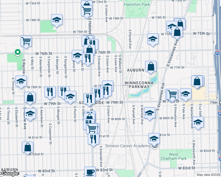 map of restaurants, bars, coffee shops, grocery stores, and more near 7758 South Union Avenue in Chicago