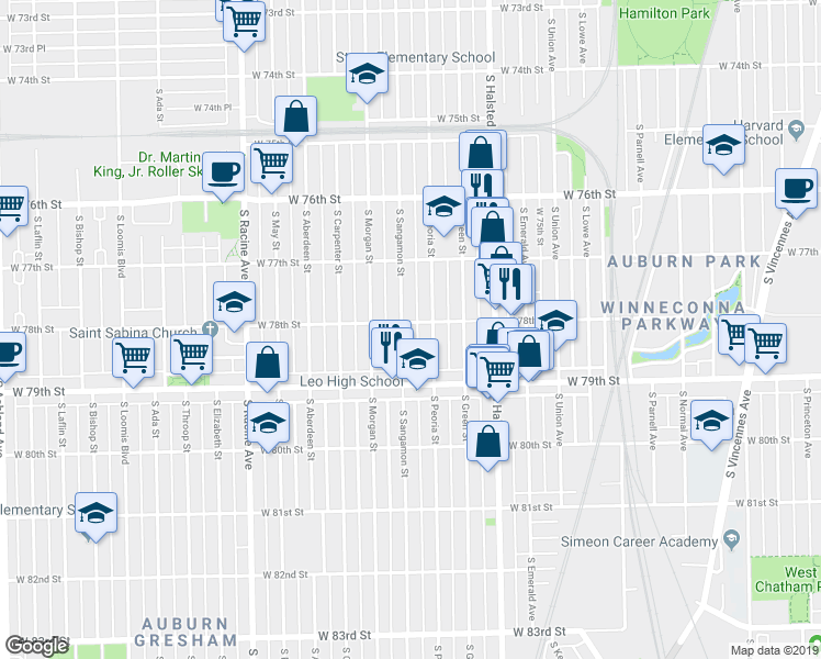 map of restaurants, bars, coffee shops, grocery stores, and more near 7754 South Sangamon Street in Chicago