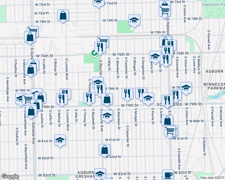 map of restaurants, bars, coffee shops, grocery stores, and more near 7755 South May Street in Chicago