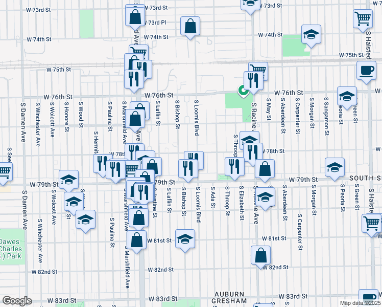 map of restaurants, bars, coffee shops, grocery stores, and more near 7557 South Loomis Boulevard in Chicago
