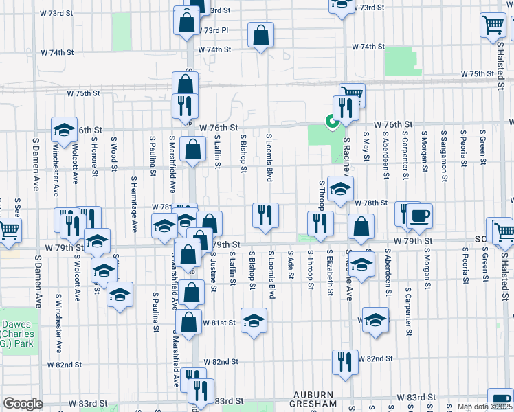 map of restaurants, bars, coffee shops, grocery stores, and more near 7753 South Bishop Street in Chicago