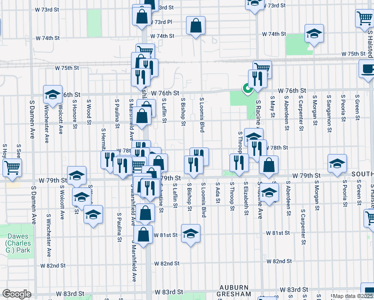map of restaurants, bars, coffee shops, grocery stores, and more near 7753 South Bishop Street in Chicago