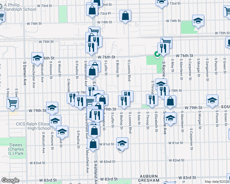 map of restaurants, bars, coffee shops, grocery stores, and more near 7753 South Bishop Street in Chicago