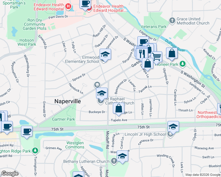 map of restaurants, bars, coffee shops, grocery stores, and more near 1120 Modaff Road in Naperville