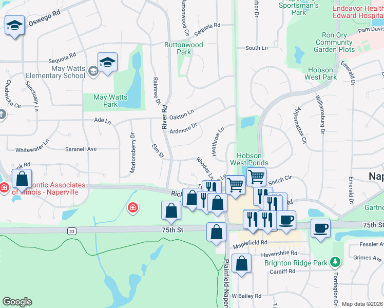 map of restaurants, bars, coffee shops, grocery stores, and more near 1252 Ashton Lane in Naperville