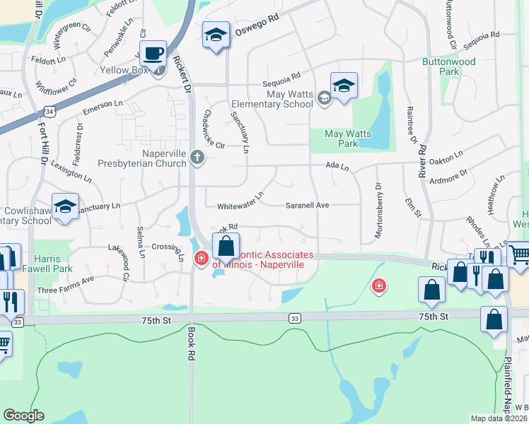 map of restaurants, bars, coffee shops, grocery stores, and more near 1544 Saranell Avenue in Naperville
