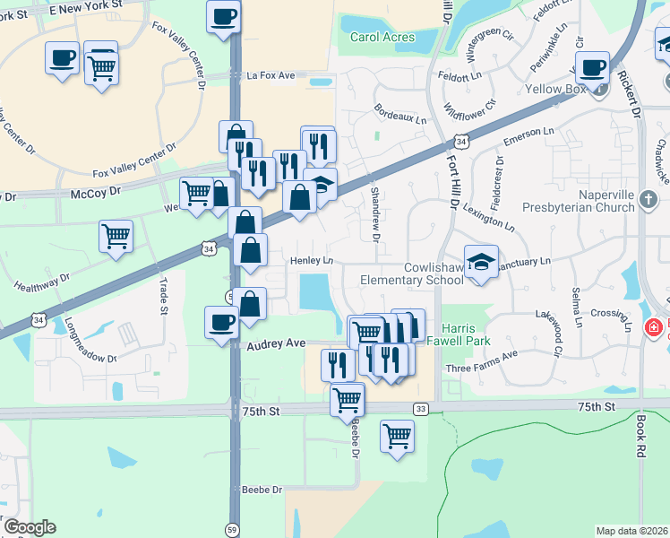 map of restaurants, bars, coffee shops, grocery stores, and more near in Naperville