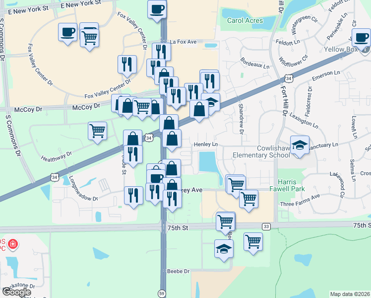 map of restaurants, bars, coffee shops, grocery stores, and more near 2933 Henley Lane in Naperville