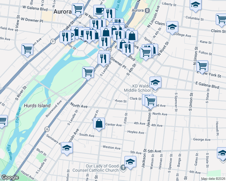 map of restaurants, bars, coffee shops, grocery stores, and more near 129 South 4th Street in Aurora