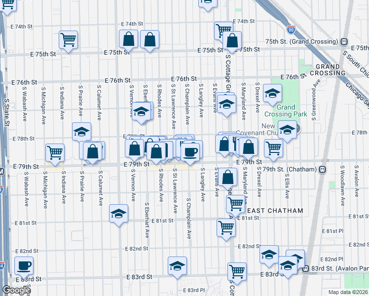 map of restaurants, bars, coffee shops, grocery stores, and more near 7814 South Champlain Avenue in Chicago