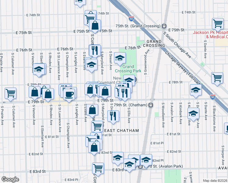 map of restaurants, bars, coffee shops, grocery stores, and more near 7818 South Drexel Avenue in Chicago