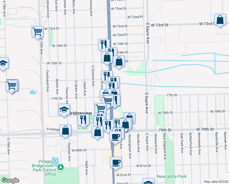 map of restaurants, bars, coffee shops, grocery stores, and more near 7649 South Harlem Avenue in Bridgeview