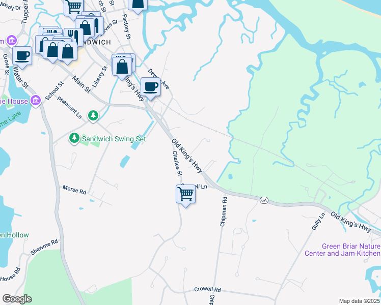map of restaurants, bars, coffee shops, grocery stores, and more near 175 Lands End Lane in Sandwich