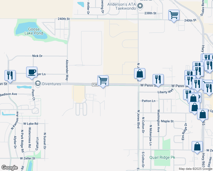 map of restaurants, bars, coffee shops, grocery stores, and more near North Ridge Trail in North Liberty
