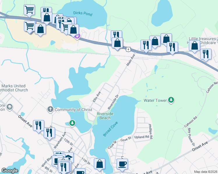 map of restaurants, bars, coffee shops, grocery stores, and more near 31 Main Avenue in Wareham