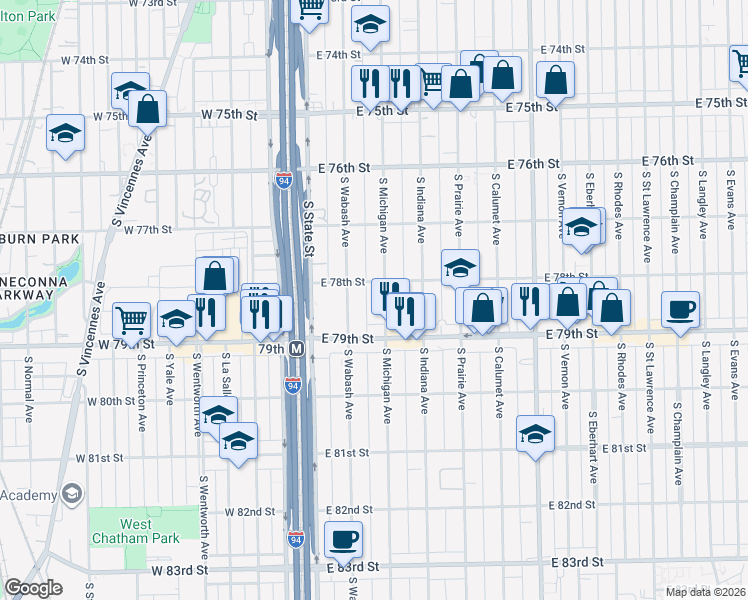 map of restaurants, bars, coffee shops, grocery stores, and more near 7809 South Wabash Avenue in Chicago