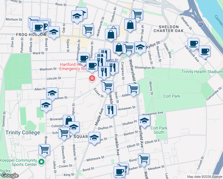 map of restaurants, bars, coffee shops, grocery stores, and more near 140 Maple Avenue in Hartford