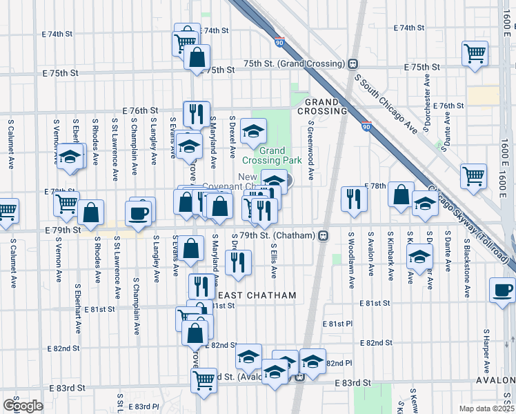 map of restaurants, bars, coffee shops, grocery stores, and more near 7829 South Ingleside Avenue in Chicago