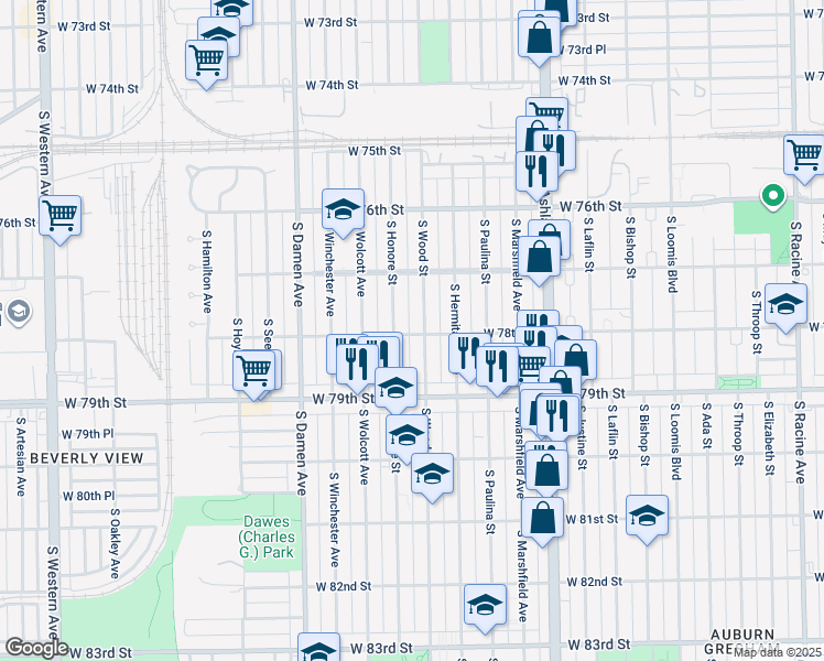map of restaurants, bars, coffee shops, grocery stores, and more near 1810 West 78th Street in Chicago