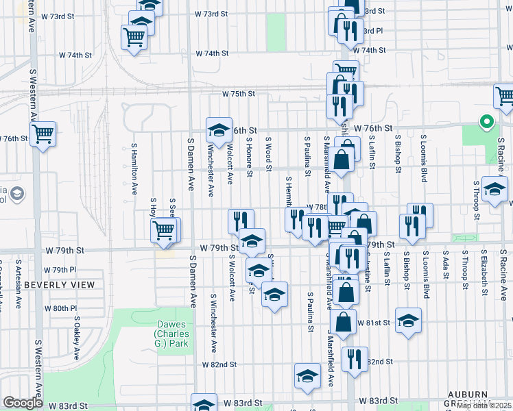 map of restaurants, bars, coffee shops, grocery stores, and more near 7747 South Honore Street in Chicago