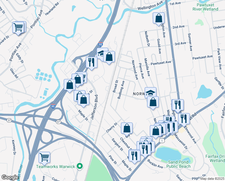 map of restaurants, bars, coffee shops, grocery stores, and more near 93 Broad Street in Warwick