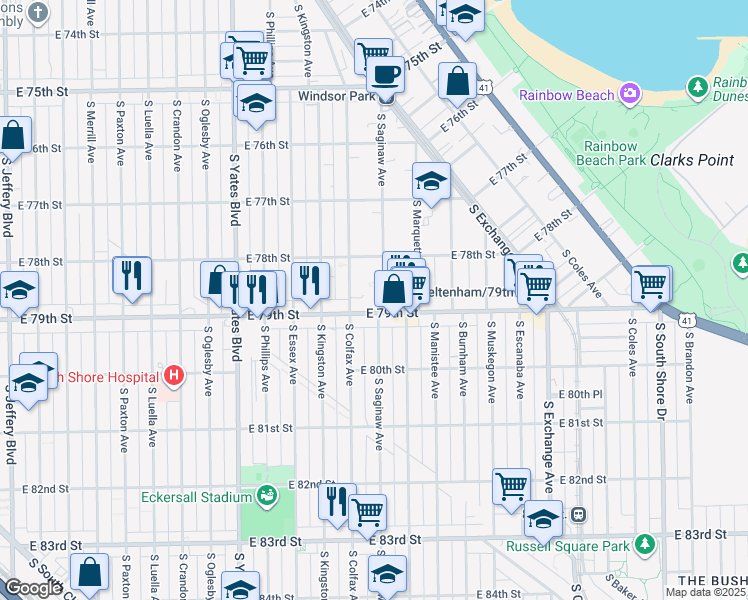 map of restaurants, bars, coffee shops, grocery stores, and more near 7837 South Colfax Avenue in Chicago