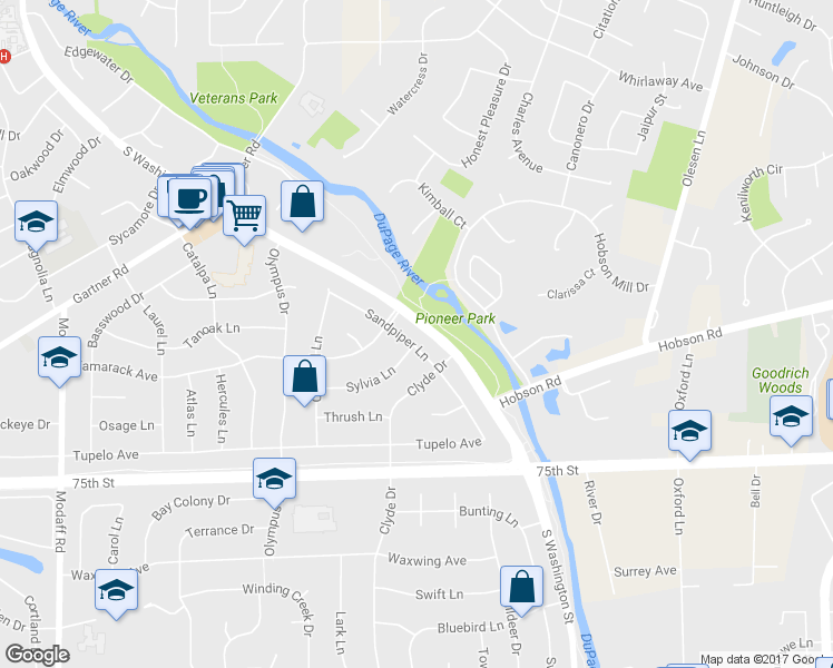 map of restaurants, bars, coffee shops, grocery stores, and more near 1216 Sandpiper Lane in Naperville
