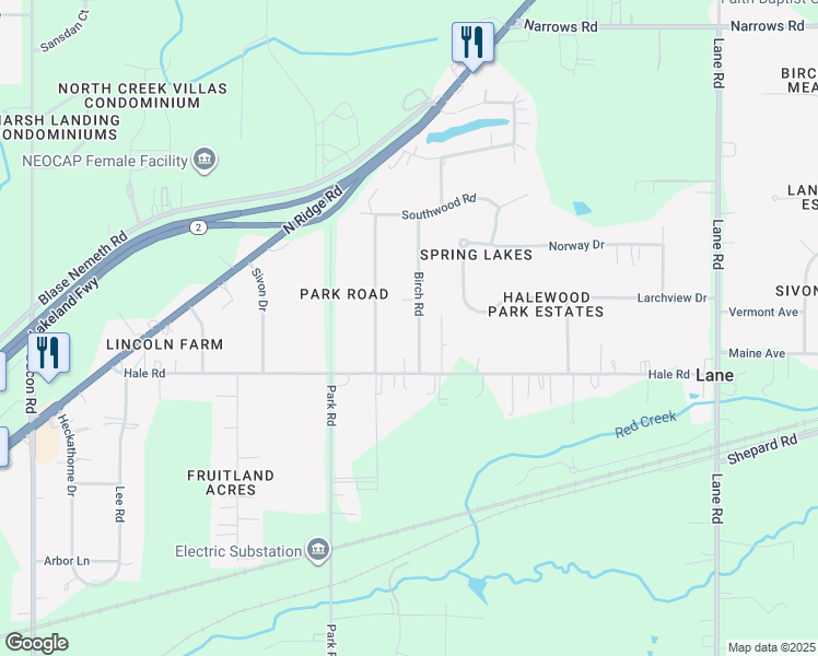 map of restaurants, bars, coffee shops, grocery stores, and more near 124 Birch Road in Painesville