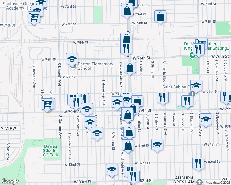 map of restaurants, bars, coffee shops, grocery stores, and more near 1650 West 78th Street in Chicago