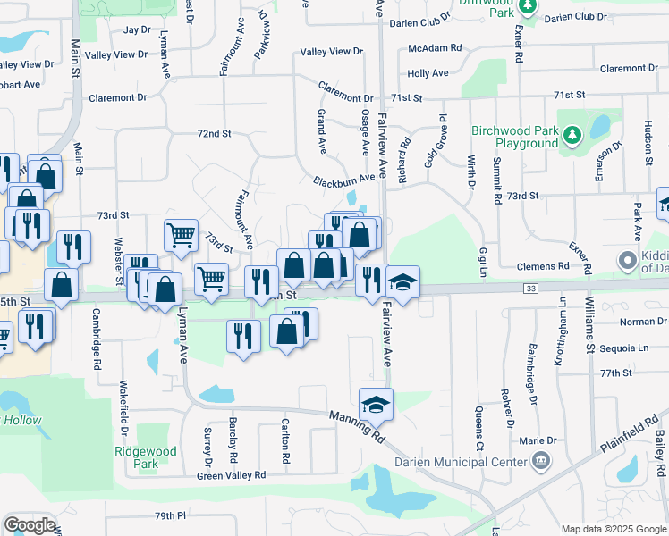 map of restaurants, bars, coffee shops, grocery stores, and more near 460 75th Street in Downers Grove