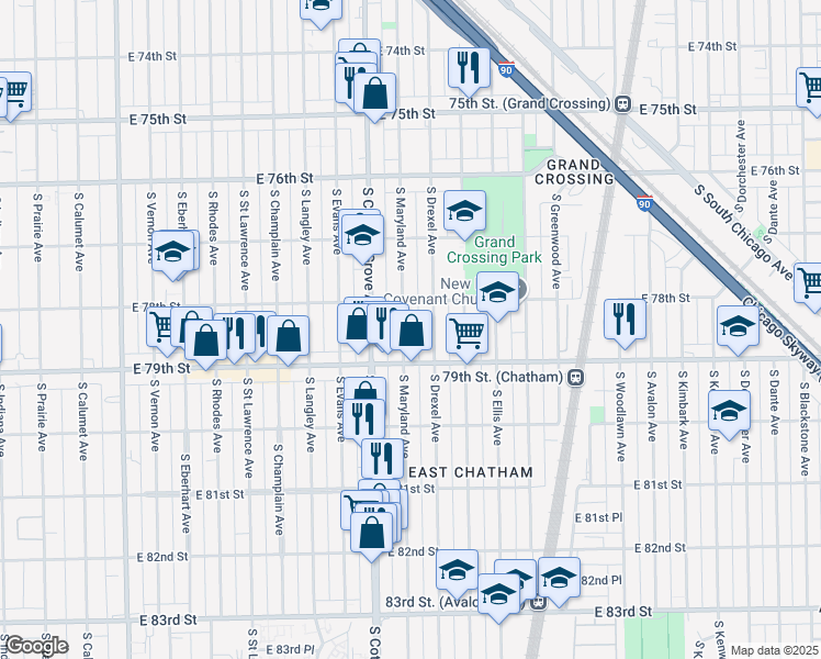 map of restaurants, bars, coffee shops, grocery stores, and more near 7827 South Maryland Avenue in Chicago