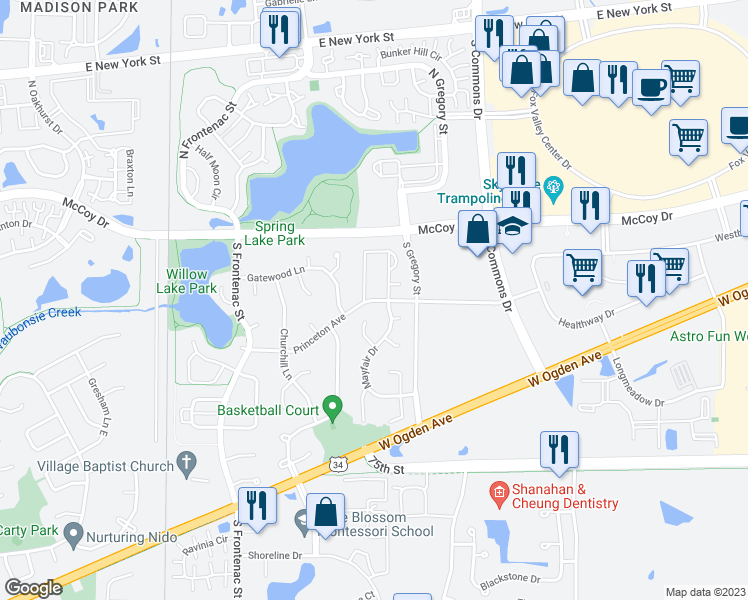 map of restaurants, bars, coffee shops, grocery stores, and more near Princeton Avenue in Aurora