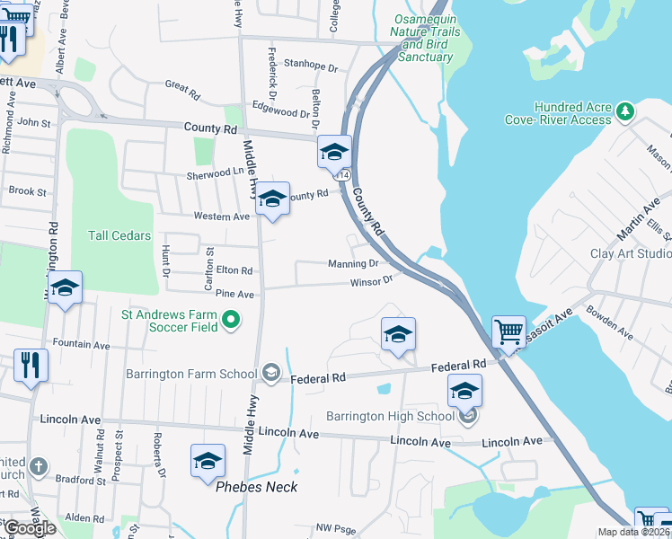 map of restaurants, bars, coffee shops, grocery stores, and more near 14 Manning Drive in Barrington