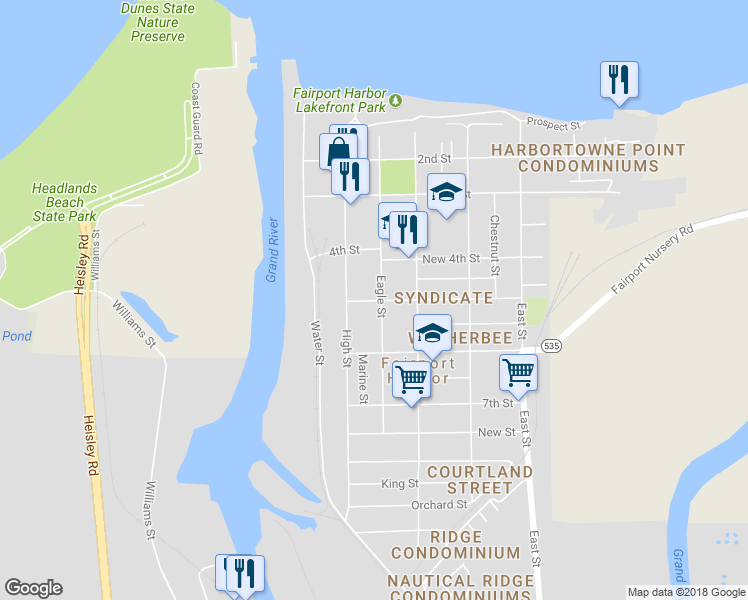 map of restaurants, bars, coffee shops, grocery stores, and more near 223 5th Street in Fairport Harbor