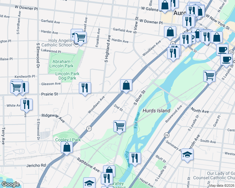map of restaurants, bars, coffee shops, grocery stores, and more near 212 Prairie Street in Aurora