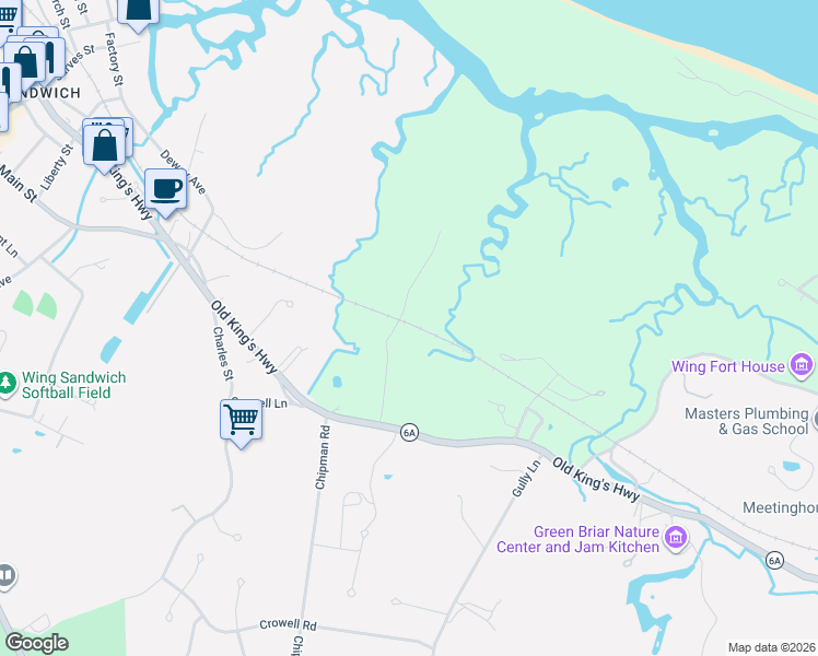 map of restaurants, bars, coffee shops, grocery stores, and more near 5R Brant Hill Road in Sandwich