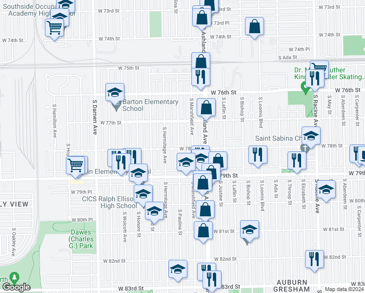 map of restaurants, bars, coffee shops, grocery stores, and more near 7757 South Paulina Street in Chicago