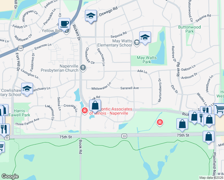 map of restaurants, bars, coffee shops, grocery stores, and more near 1544 Saranell Avenue in Naperville