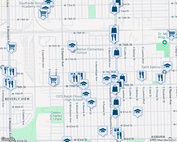 map of restaurants, bars, coffee shops, grocery stores, and more near 7758 South Wood Street in Chicago