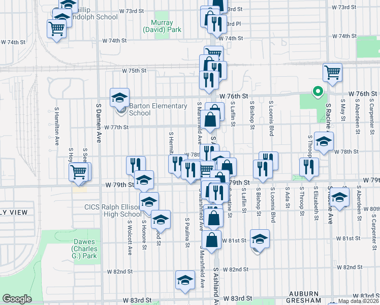 map of restaurants, bars, coffee shops, grocery stores, and more near 7757 South Paulina Street in Chicago