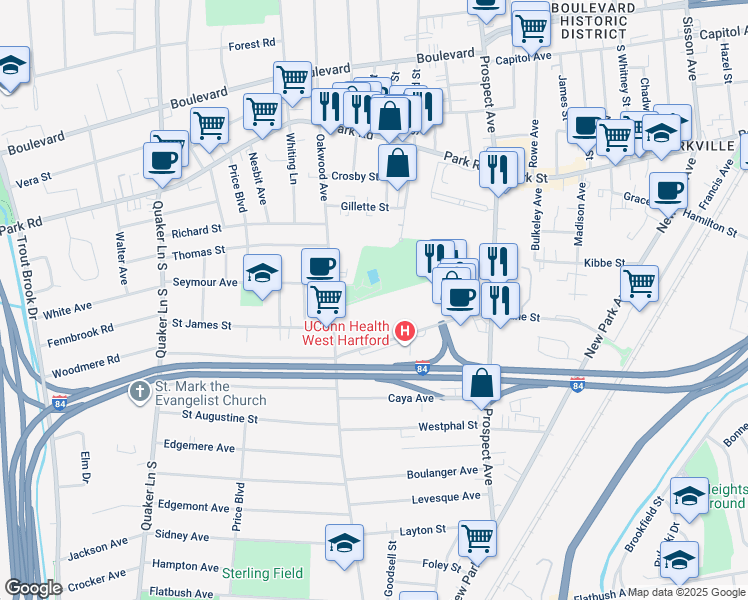 map of restaurants, bars, coffee shops, grocery stores, and more near 120 Kane Street in West Hartford