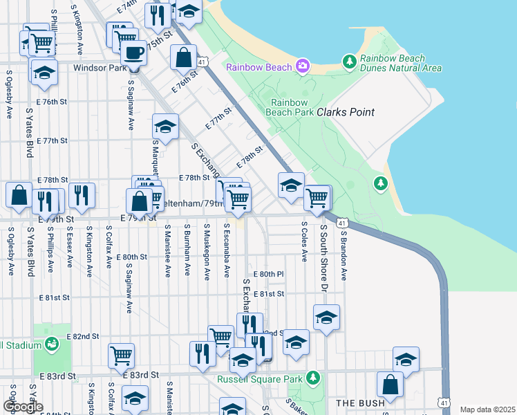 map of restaurants, bars, coffee shops, grocery stores, and more near 3014 East Cheltenham Place in Chicago