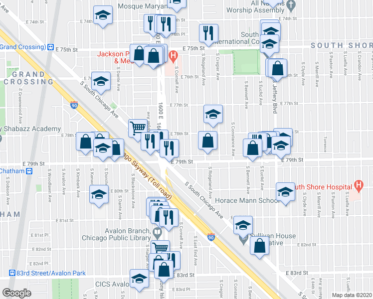 map of restaurants, bars, coffee shops, grocery stores, and more near 7826 South East End Avenue in Chicago