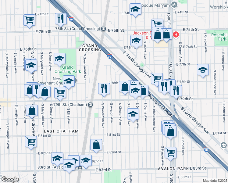 map of restaurants, bars, coffee shops, grocery stores, and more near 7821 South Avalon Avenue in Chicago