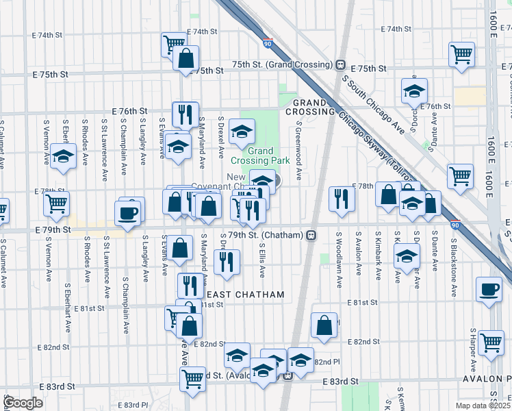 map of restaurants, bars, coffee shops, grocery stores, and more near 7825 South Ellis Avenue in Chicago