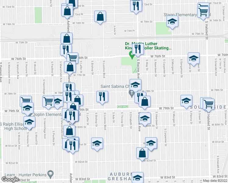 map of restaurants, bars, coffee shops, grocery stores, and more near 7758 South Ada Street in Chicago