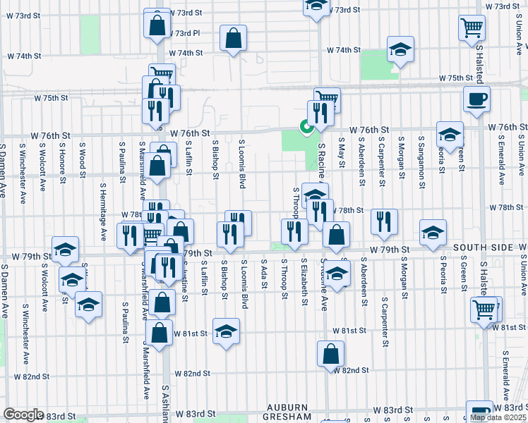 map of restaurants, bars, coffee shops, grocery stores, and more near 7758 South Ada Street in Chicago