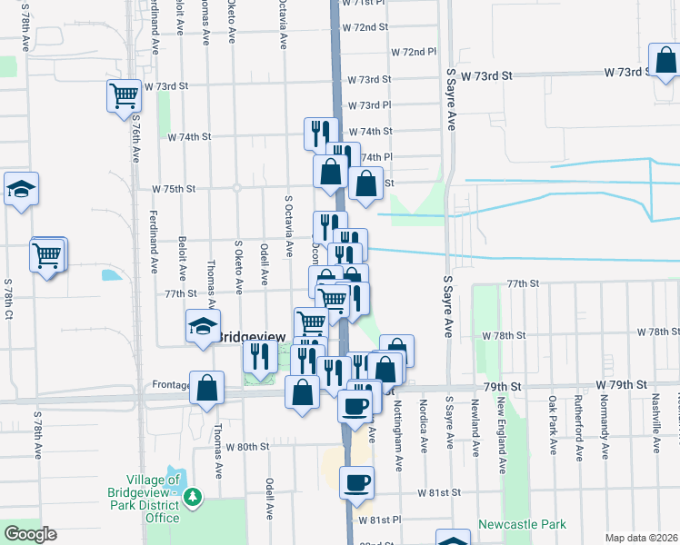 map of restaurants, bars, coffee shops, grocery stores, and more near 7649 S Harlem Ave in Bridgeview