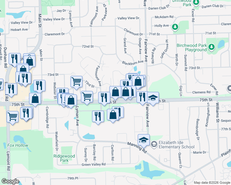 map of restaurants, bars, coffee shops, grocery stores, and more near 550 75th Street in Downers Grove